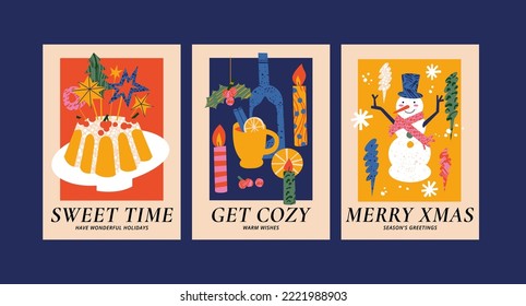 Vector set of Christmas greetings art posters with different traditional decoration in contemporary modern trendy style