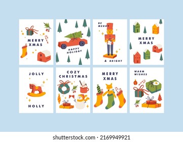 Vector set of Christmas greetings cards or party invitation posters. Xmas decorations backgrounds