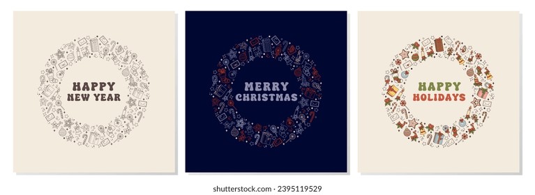 Vektorset der Weihnachtsgrüße Karten. Vorlagen mit Text Glückliches neues Jahr, Frohe Weihnachten und glückliche Feiertage. Illustrationen mit Symbolen für Feierlichkeiten im Stile der Kontur und im groben Stil mit Farbe