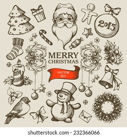 Vector set Christmas hand drawn icons, elements, objects