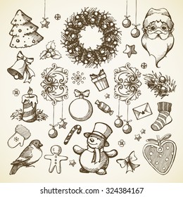 Vector set Christmas hand drawn icons, design elements, objects. Doodle illustration. Santa claus, Christmas tree, Christmas wreath, snowman, star, snowflake, gift, cookie, bell, candy, decor elements