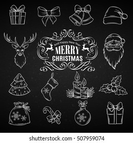 Vector set Christmas hand drawn icons. Chalk board Illustration.