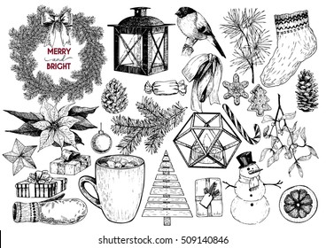 Vector set of Christmas hand drawn icons. Xmas engraved objects. Fir branch wreath, lantern, poinsettia, mistletoe, gingerbread cookies, cones, snowman, coca cup, candy, gloves gift boxes ball  