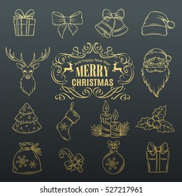 Vector set Christmas hand drawn icons. Illustration in old ink style. Golden design template, page decoration.