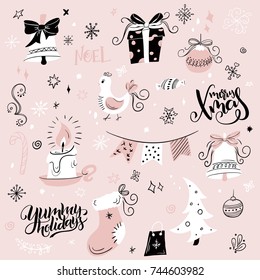 vector set of christmas hand drawn decorative elements and characters - gift, sock, fir-tree and hand lettering.