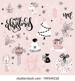 vector set of christmas hand drawn decorative elements and characters - gift, sock, fir-tree and hand lettering.