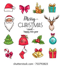 Vector set Christmas hand drawn icons. Gift, bells, a hat, a deer and a Christmas tree. Candles, bow, holly, candy and Santa Claus.