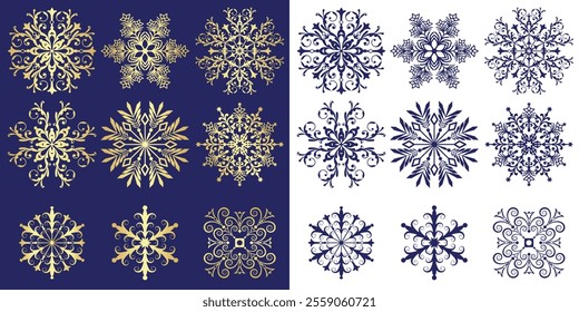 Vector set christmas handwork golden vintage snowflakes on a dark blue background and dark blue snowflakes solated on transparent background