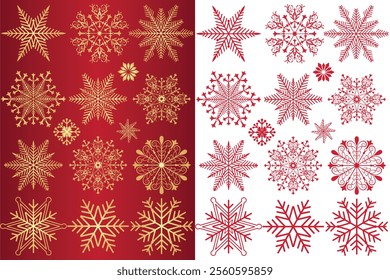 Vector set christmas handwork golden vintage snowflakes on a dark red gradient background and red monochrome snowflakes isolated on transparent background	
