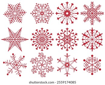Vector set christmas handwork vintage red monochrome snowflakes isolated on transparent background