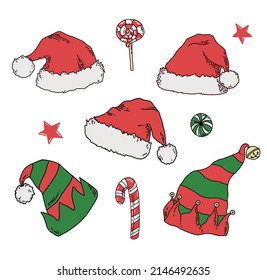 vector set of christmas hats and candies