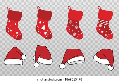 Vector set of Christmas hats and socks. Red socks, hats png. Christmas decorations. Decorations on the wall. Santa Claus socks and hat. Christmas image.