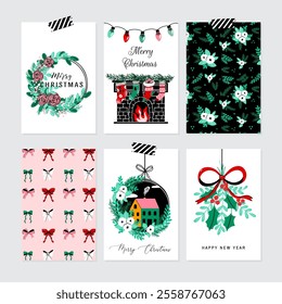 Vector set of Christmas holiday greeting cards with chimney, arrangement, festive bows, wreath, mistletoe, patterns on whitel backgrounds. Hand drawn holiday cards