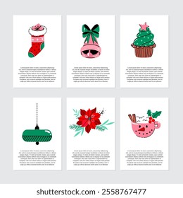Vector set of Christmas holiday greeting cards with hot cacao, arrangement, cupcake, bell, ornament and text on white backgrounds. Hand drawn holiday cards