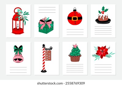 Vector set of Christmas holiday greeting cards with gift, arrangement, bell, lantern, and ornament on white backgrounds. Hand drawn holiday cards