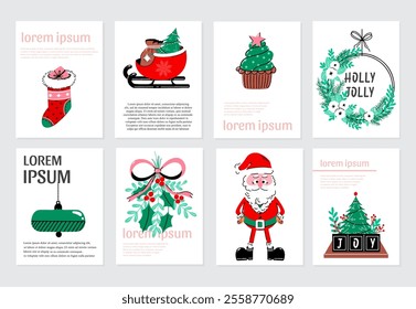 Vector set of Christmas holiday greeting cards with Santa, wreath, ornaments, mistletoe, Santa's sleigh on white backgrounds. Hand drawn holiday cards