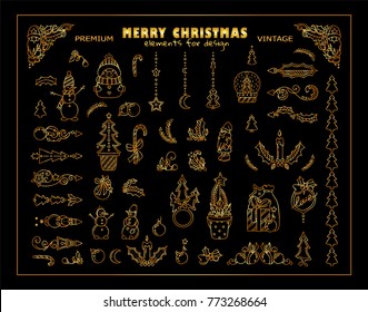 Vector set of Christmas, Holidays, Winter tiny arts, index arrows. Lovely ornate illustrations. Detailed sketch, perfect for web and other decoration. Premium gold style