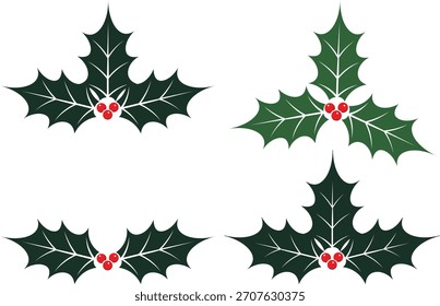 Vector set of christmas holly leaves with red berries, colorful and outline designs, isolated on white background