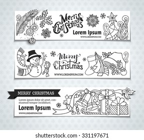 Vector set of Christmas horizontal banners. There is place for your text on white area. Black and white duotone illustrations.