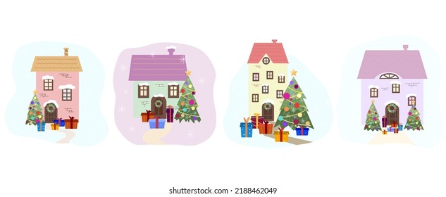 Vector set of Christmas houses. Christmas decorations.