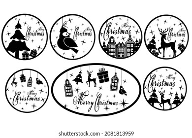 Vector set of christmas icon in round frame with text Merry Christmas and deer, tree, gift box, bird 