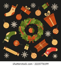 Vector set of christmas icons. Collection of holiday decorations on black background. Flat cartoon graphics.