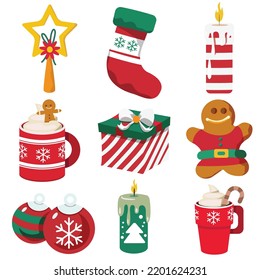 Vektorset von Weihnachtsbildern. Farbige Weihnachtssymbole einzeln auf weißem Hintergrund. bunter Vektorgrafik.
