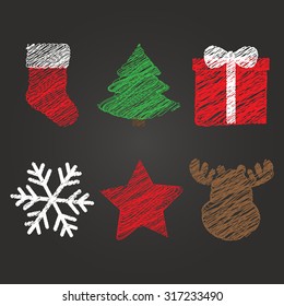 Vector set of christmas icons. Christmas and New Year attributes, symbols drawing with chalk of red, green on the blackboard. Christmas symbols drawn in childish style.