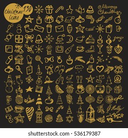 Vector set of christmas icons. Sketch illustration. Gold elements on the black background.