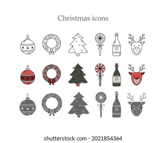 Conjunto vectorial de iconos de Navidad en tres estilos. Arte de línea, estilo sencillo y contorno de color. 