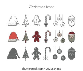 Conjunto vectorial de iconos de Navidad en tres estilos. Arte de línea, estilo sencillo y contorno de color. 