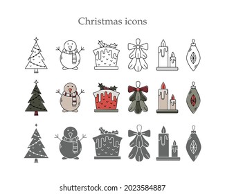 Conjunto vectorial de iconos de Navidad en tres estilos. Arte de línea, estilo sencillo y contorno de color. 