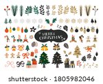 Vector set of Christmas icons. Christmas tree, gift boxes, bells and cute gingerbread man. Flat cartoon colorful vector illustration.