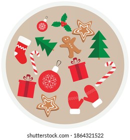 Vector set of Christmas icons. Christmas tree, gift boxes, bells and cute gingerbread man. Flat cartoon colorful vector illustration.