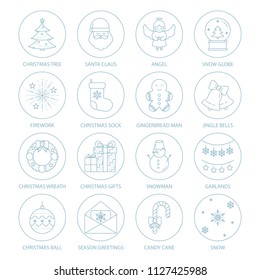 Vector set of Christmas icons in trendy linear style, in blue color, isolated on white background