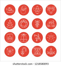 Vector set of Christmas icons in trendy linear style, santa's sleigh, deer, christmas tree, wreath, angel, candy cane