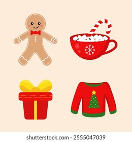 Vector set of Christmas illustrations gingerbread man, cocoa with marshmallows, gift, sweater