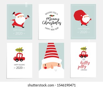 Vector set of christmas illustrations. Santa Claus with presents, holiday is approaching, red car is carrying a Christmas tree, typographic posters, postcards. Merry Christmas and Happy New Year.
