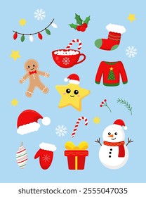 Vector set of Christmas illustrations sweater, star, snowman, gift, cocoa, gingerbread man, candy cane, garland