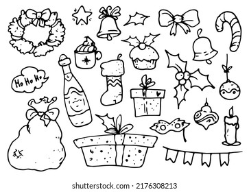 Vector set for Christmas.  isolated elements in a black insulated contour Santa's bag, wreath, lollipop, bell, champagne bottle, gifts for a festive design template. a set with cute sketch doodle 