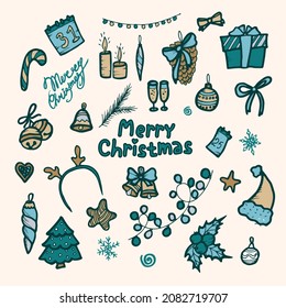 Vector set of Christmas items in doodle style. Design elements for greeting cards. Cute pattern and in light colors on a white background.