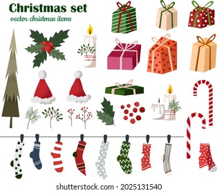 Vector set of Christmas items. Gifts, Christmas twigs, candles, candies, socks. Suitable for creating wallpaper, posters, cards, invitations, patterns.