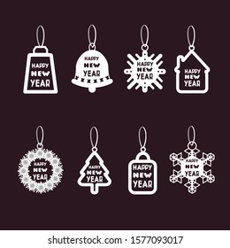 Vector set of Christmas labels isolated on dark background in paper style. Happy new year and merry Christmas. Labels for holiday sales.