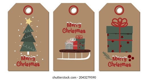 Vector set of christmas labels. Merry Christmas set of greeting cards with presents, gift box, fir, christmas tree 
