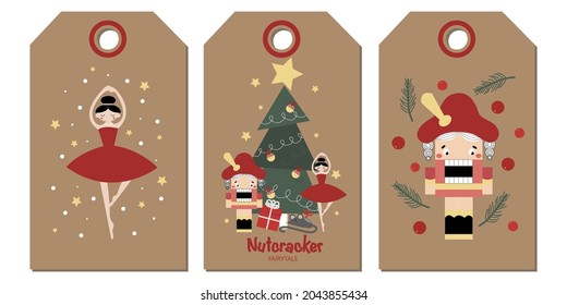 Vector set of christmas labels. Merry Christmas set of greeting cards with Nutcracker and ballerina, gifts, christmas tree, presents, gift box, fir