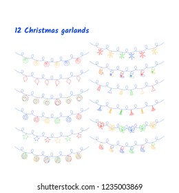 Vector set of Christmas lights. Doodles. Hand drawn.