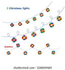 Vector set of Christmas lights. Doodles. Hand drawn. Seamless.