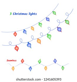 Vector set of Christmas lights. Doodles. Hand drawn. Seamless.