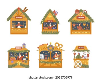 Vector set of Christmas market shops with sellers. Hot drinks, gifts, sweets,decorations, food, toys stalls. Isolated on white.