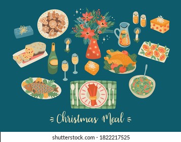 Vector set of Christmas meal. Trendy retro style. Design elements.